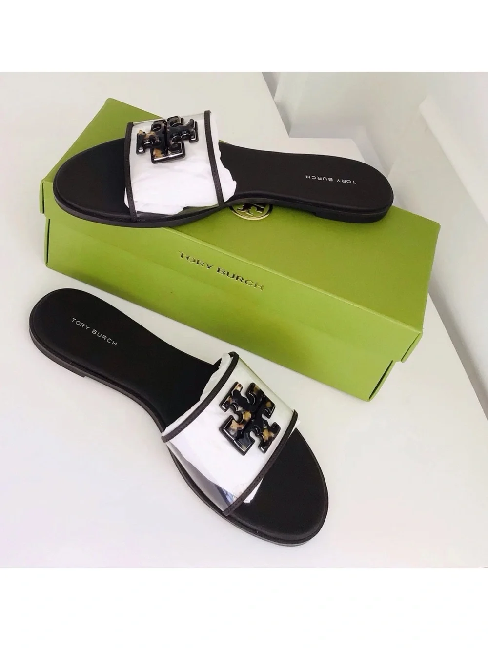 Tory Burch Everly Slide Sandals Translucent TPU Leather-Color Clear/Tortoise-NEW